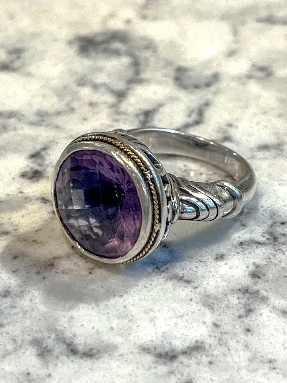 Genuine EFFY Bali Amethyst Ring 925 Sterling Silver W/ 18K Yellow Gold Bezel 🔥